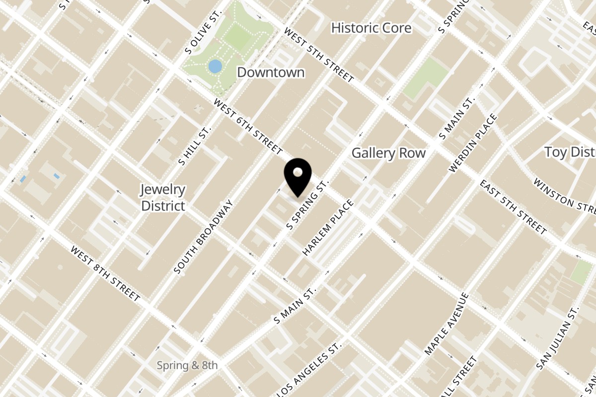 Map showing the location of Joe's pizza Downtown on 613 S Spring St in Los Angeles