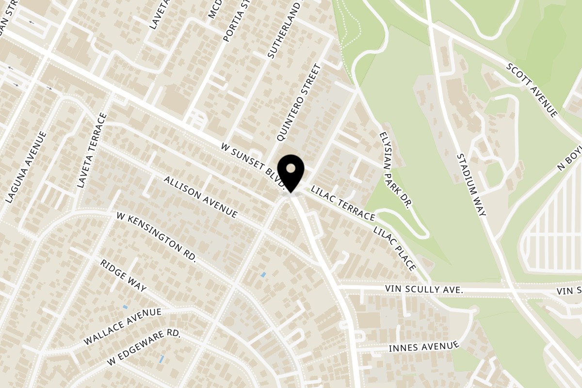 Map showing the location of Joe's pizza Echo Park on 1411 W Sunset Blvd #101 in Los Angeles